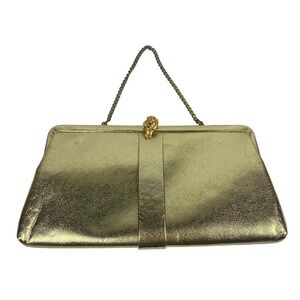 Vtg Retro Glam Gold Faux Leather Clutch Handbag w/ chain Prom Wedding Evening